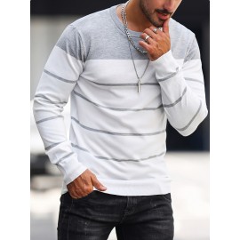 Men's Casual Striped Knit Pullover Sweater - Navy & White Contrast, Regular Fit H-Silhouette, Long Sleeve Crew Neck, Medium Stretch, Machine Washable for Spring & Fall, Medium-Stretch Fabric, Knit Sweater, Seasonal Clothing, Ribbed Detailing, Durable Construction, Versatile Top, Streetwear Style