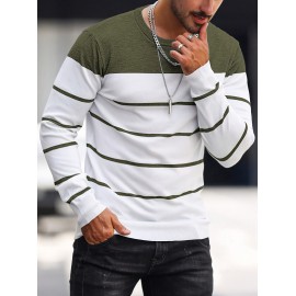 Men's Casual Striped Knit Pullover Sweater - Navy & White Contrast, Regular Fit H-Silhouette, Long Sleeve Crew Neck, Medium Stretch, Machine Washable for Spring & Fall, Medium-Stretch Fabric, Knit Sweater, Seasonal Clothing, Ribbed Detailing, Durable Construction, Versatile Top, Streetwear Style