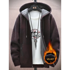 Autumn and Winter New Middle aged Men's Casual Hoodie with Thick Knitted Cardigan and Velvet for Warmth, Autumn Layering, Cold Weather Wear, Classic Hoodie, Relaxed Fit, Durable Stitching, Men’S Cardigan Sweater, Long Sleeve Top, Winter Essentials