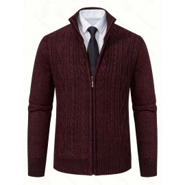 Men's Business Cable-Knit Sweater Jacket with Stand-Up Collar - Machine Washable Gray Winter Office Sweater Coat, Long Sleeve Casual to Meeting Wear, Gym Compatible for Professional & Everyday Use - Solid Color Mature Style