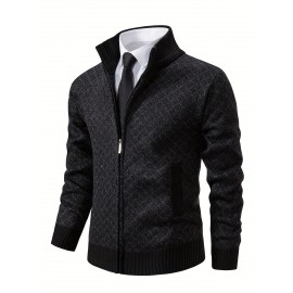 Men's Slim-Fit Thick Winter Knit Jacket with Stand Collar & Plaid Pattern - Warm Coat for Cold Weather, Casual Outerwear for Office or Everyday Use, Layering Piece under Suit Coats (Novelty Category)