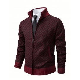 Men's Slim-Fit Thick Winter Knit Jacket with Stand Collar & Plaid Pattern - Warm Coat for Cold Weather, Casual Outerwear for Office or Everyday Use, Layering Piece under Suit Coats (Novelty Category)