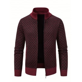 Men's Slim-Fit Thick Winter Knit Jacket with Stand Collar & Plaid Pattern - Warm Coat for Cold Weather, Casual Outerwear for Office or Everyday Use, Layering Piece under Suit Coats (Novelty Category)