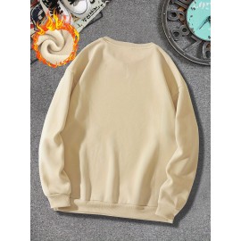 Men's Thick Fleece-Lined Winter Knit Sweater - Red with White Asian Calligraphy Print, Loose Fit Round Neck Casual Pullover, Machine Washable, Knit Sweater, Cozy Warm Clothing, Soft Texture Apparel