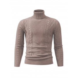 Men's Mustard Yellow High Neck Cable-Knit Sweater - Soft Stretchy Mid-Weight Pullover, Regular Fit Casual & Formal Wear, Hand Wash Only, Classic Comfort for Everyday, Pullover Style, Ribbed Cuffs