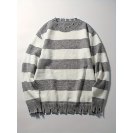 Long-Sleeved Sweatshirt for Autumn And Winter, Featuring a Stylish Checkered Perforated Design with a Unique Distressed Round Neck, Perfect for Keeping Warm for Men., Autumn Clothes Men, Jumpers For Men, Men Sweatshirt, Mens Jumpers, Mens Sweaters, Pullover Men, Sweatshirt Men, Winter Jumper Men