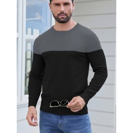 Men'S Casual Long Sleeve Crew Neck Sweater - & Grey Color Block Design, Soft Stretchy Fabric, Regular Fit, Spring/Fall Essential for Casual Attire, Knit, Spring Fall Clothing, Classic Knitwear, Comfortable Knitwear