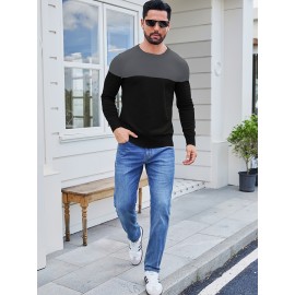 Men'S Casual Long Sleeve Crew Neck Sweater - & Grey Color Block Design, Soft Stretchy Fabric, Regular Fit, Spring/Fall Essential for Casual Attire, Knit, Spring Fall Clothing, Classic Knitwear, Comfortable Knitwear