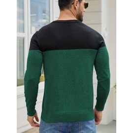Men'S Casual Long Sleeve Crew Neck Sweater - & Grey Color Block Design, Soft Stretchy Fabric, Regular Fit, Spring/Fall Essential for Casual Attire, Knit, Spring Fall Clothing, Classic Knitwear, Comfortable Knitwear