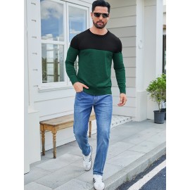 Men'S Casual Long Sleeve Crew Neck Sweater - & Grey Color Block Design, Soft Stretchy Fabric, Regular Fit, Spring/Fall Essential for Casual Attire, Knit, Spring Fall Clothing, Classic Knitwear, Comfortable Knitwear