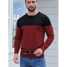 Men'S Casual Long Sleeve Crew Neck Sweater - & Grey Color Block Design, Soft Stretchy Fabric, Regular Fit, Spring/Fall Essential for Casual Attire, Knit, Spring Fall Clothing, Classic Knitwear, Comfortable Knitwear