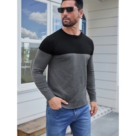 Men'S Casual Long Sleeve Crew Neck Sweater - & Grey Color Block Design, Soft Stretchy Fabric, Regular Fit, Spring/Fall Essential for Casual Attire, Knit, Spring Fall Clothing, Classic Knitwear, Comfortable Knitwear