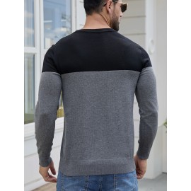 Men'S Casual Long Sleeve Crew Neck Sweater - & Grey Color Block Design, Soft Stretchy Fabric, Regular Fit, Spring/Fall Essential for Casual Attire, Knit, Spring Fall Clothing, Classic Knitwear, Comfortable Knitwear
