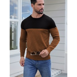 Men'S Casual Long Sleeve Crew Neck Sweater - & Grey Color Block Design, Soft Stretchy Fabric, Regular Fit, Spring/Fall Essential for Casual Attire, Knit, Spring Fall Clothing, Classic Knitwear, Comfortable Knitwear