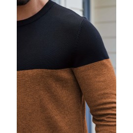 Men'S Casual Long Sleeve Crew Neck Sweater - & Grey Color Block Design, Soft Stretchy Fabric, Regular Fit, Spring/Fall Essential for Casual Attire, Knit, Spring Fall Clothing, Classic Knitwear, Comfortable Knitwear