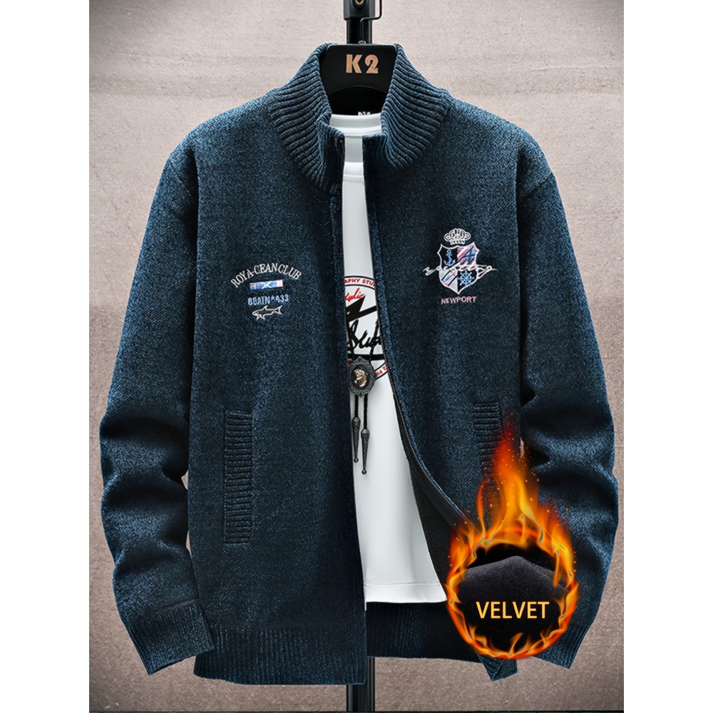 Men'S Thick Warm Winter Jacket with Plush - Geometric Pattern Full-Zip Casual Coat, Stand Collar & Long Sleeve, Grey/Navy, Versatile Outerwear for Everyday & Semi-Formal Occasions, Durable & Comfortable Cold-Weather Coat