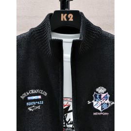 Men'S Thick Warm Winter Jacket with Plush - Geometric Pattern Full-Zip Casual Coat, Stand Collar & Long Sleeve, Grey/Navy, Versatile Outerwear for Everyday & Semi-Formal Occasions, Durable & Comfortable Cold-Weather Coat