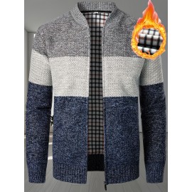 Men's Heavyweight Winter Jacket, Thick Plush Coat with Full-Zip Closure, High Neck, Durable Construction, Cozy Fabric, Streetwear Outerwear for Cold Weather, Winter Coats for Everyday & Formal Events, Navy/Gray/White Color Block, Urban Style, Zipup Hoodie, Fashionforward Men, Seasonal Fashion, Fashion Enthusiasts, Casual Wear