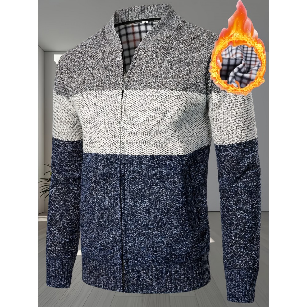 Men's Heavyweight Winter Jacket, Thick Plush Coat with Full-Zip Closure, High Neck, Durable Construction, Cozy Fabric, Streetwear Outerwear for Cold Weather, Winter Coats for Everyday & Formal Events, Navy/Gray/White Color Block, Urban Style, Zipup Hoodie, Fashionforward Men, Seasonal Fashion, Fashion Enthusiasts, Casual Wear