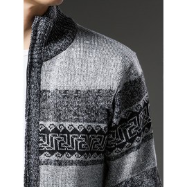 Men'S Winter Warm Jacquard Cardigan Sweater - Full-Zip Stand Collar Long Sleeve Coat with Full-Zip Front Closure, / Contrast, Casual to Formal Outerwear, Regular Fit for Fall & Winter, Versatile Everyday & Formal Wear, Durable Knit Construction