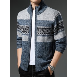 Men'S Winter Warm Jacquard Cardigan Sweater - Full-Zip Stand Collar Long Sleeve Coat with Full-Zip Front Closure, / Contrast, Casual to Formal Outerwear, Regular Fit for Fall & Winter, Versatile Everyday & Formal Wear, Durable Knit Construction