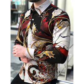 Men'S Slim Fit 3D Floral Print Long Sleeve Shirt - Red/Black/Golden/White/Grey/Blue/Brown, Pointed Collar & Chest Pocket, Machine Washable, Tailored for Business, Evening & Semi-Formal Wear, Spring/Autumn Dress Shirt with Vibrant Floral Pattern