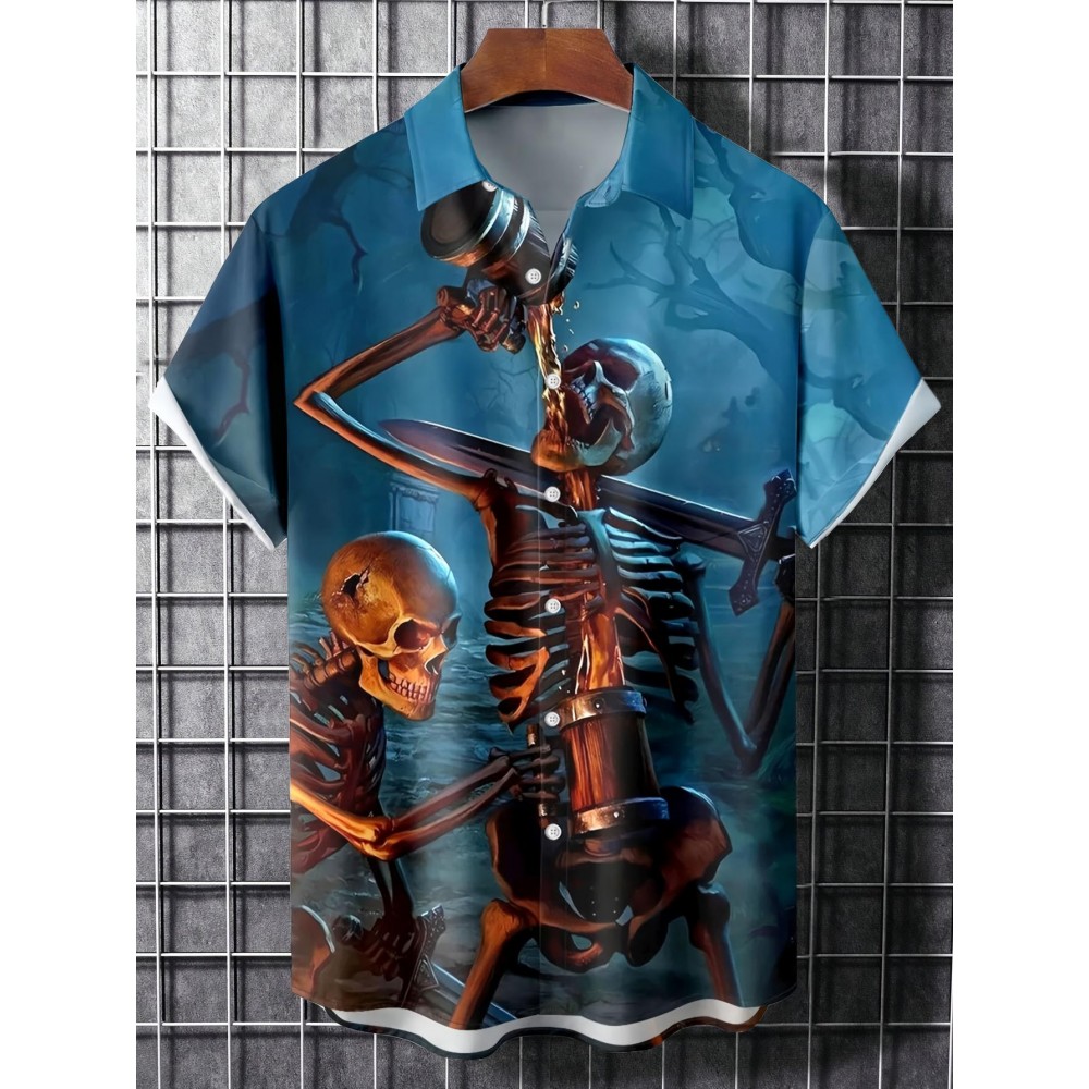 Men'S Halloween Gothic Shirt - Spooky Skeleton, Drinking Beer Party Costume - Button-Up Front - Lightweight Summer Formality - Perfect for Halloween Parties, Themed Events & Casual Attire - Funny Halloween Outfit for Men