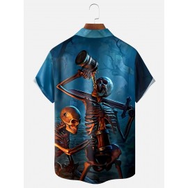 Men'S Halloween Gothic Shirt - Spooky Skeleton, Drinking Beer Party Costume - Button-Up Front - Lightweight Summer Formality - Perfect for Halloween Parties, Themed Events & Casual Attire - Funny Halloween Outfit for Men