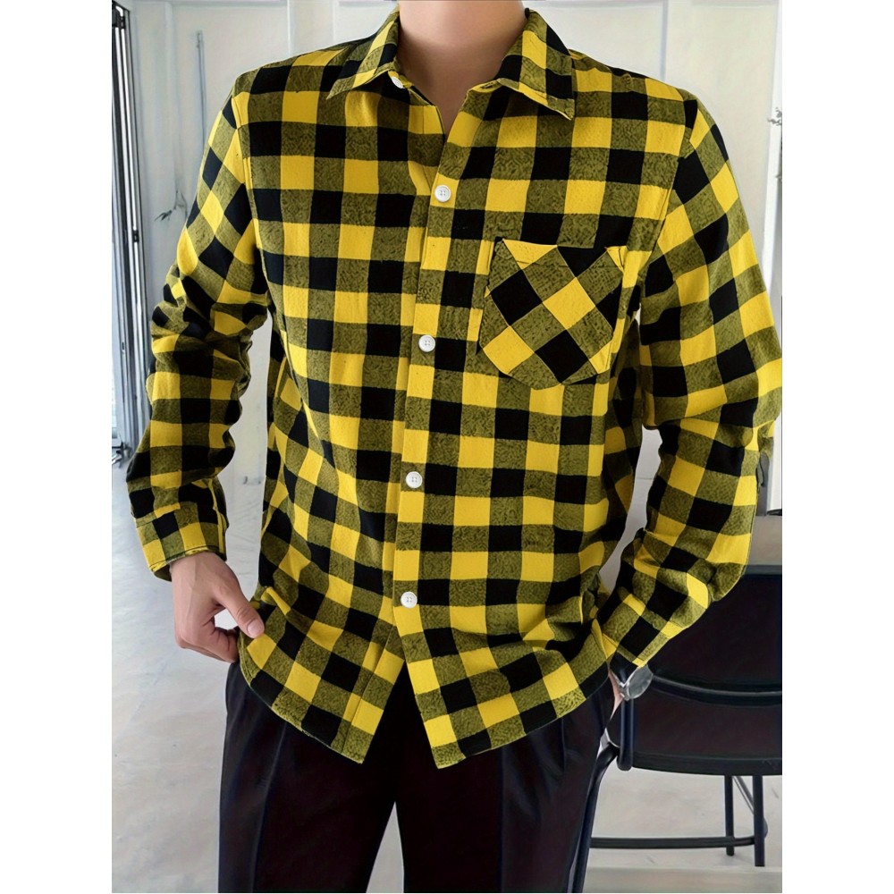 Trendy Checkered Vintage Plaid Colorblocking Men'S Casual Shirt with Chest Pocket, Grid Pattern Top for Spring and Autumn Wear, Comfortable Stylish Design