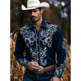 Men'S Western Cowboy Shirt - Non-Stretch Polyester Formality - Button-Up Long Sleeve with Classic collar - Rustic Western Style Blouse for Ranch, Themed Events, Casual Attire - Durable Cowboy Attire, Country Boy Outfit, Ranch Clothing, Floral Print Design, Sturdy Construction, Casual Wearers