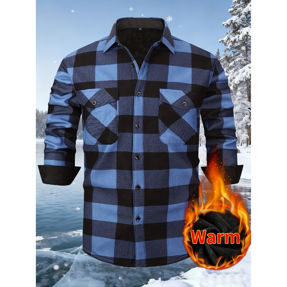 Men's Winter Warm Fleece-Lined Flannel Shirt - Thick Multi-Pocket Plaid Button- Collar Shirt, Wrinkle-Resistant Casual Office & Outdoor Wear, Cozy Long Sleeve for home (Hand Washable) - Regular Fit Fall/ Winter Clothing