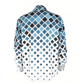 Men's Boho Chic Long Sleeve Shirt - Green & White Geometric Pattern, Machine Washable, Polyester Button-Up with Lapel Collar for Spring/Fall