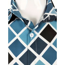 Men's Boho Chic Long Sleeve Shirt - Green & White Geometric Pattern, Machine Washable, Polyester Button-Up with Lapel Collar for Spring/Fall