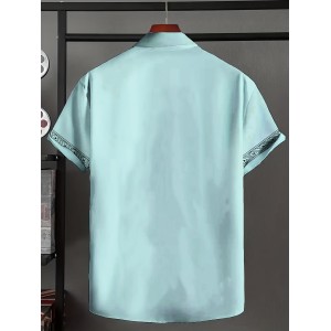 Men'S Floral Print Ethnic Floral Shirt - Light Blue Short Sleeve Button-Up with Intricate White & Green Floral Design, Vintage-Inspired Summer Casual Wear, Non-Stretch Fabric, Perfect for Beach or Vacation, Beach Attire, Vacation Style, Elegant Lapel Collar, Nonstretch Fabric, Men Shirt Short Sleeve, Shirt For Men, Men Shirt, Men Clothe, Shirt For Men Stylish
