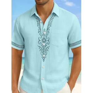 Men'S Floral Print Ethnic Floral Shirt - Light Blue Short Sleeve Button-Up with Intricate White & Green Floral Design, Vintage-Inspired Summer Casual Wear, Non-Stretch Fabric, Perfect for Beach or Vacation, Beach Attire, Vacation Style, Elegant Lapel Collar, Nonstretch Fabric, Men Shirt Short Sleeve, Shirt For Men, Men Shirt, Men Clothe, Shirt For Men Stylish