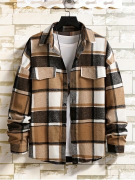 [Vintage Plaid Shirt] Vintage Plaid Shirt for Men | Single-Breasted, Loose Fit, Long Sleeve Casual Top | Black & White Checkered Pattern, Button-Up Front, Nonelastic Fabric | Perfect for Fall/Winter Outings & Casual Wear