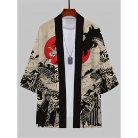 Men's Vintage Dragon Print Kimono Cardigan - Loose Fit, Sun Protection, Polyester, Casual Summer Style, Machine Washable