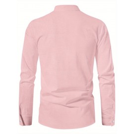 Men's Pink Henley Shirt with Stand Collar - Versatile Long Sleeve Half-Button Tee for Casual & Formal Wear, Smooth Polyester Fabric, Machine Washable, Spring/Fall Essential, Spring Attire | Classic Henley Shirt | Solid Color Shirt