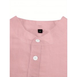 Men's Pink Henley Shirt with Stand Collar - Versatile Long Sleeve Half-Button Tee for Casual & Formal Wear, Smooth Polyester Fabric, Machine Washable, Spring/Fall Essential, Spring Attire | Classic Henley Shirt | Solid Color Shirt