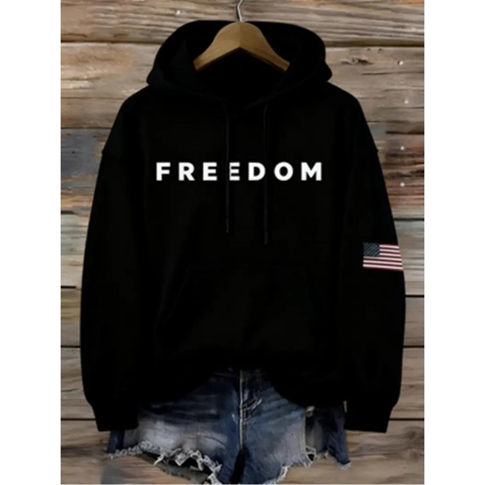 Men's Oversized Hooded Sweatshirt with FREEDOM Print & Flag Patch - Heavy-Duty Winter Warmth, Loose Fit Streetwear Pullover, Kangaroo Pocket, Drawstring Hood, Machine Washable Casual Sweater (Locally Shipped)