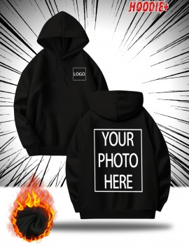 [Personalized Hoodie] Personalized Men's Hoodie - Customizable Photo/Text Front & Back, Navy Blue with White Lettering, All-Season Comfort Fit, Casual Sporty Design for Halloween Christmas Gifts, Durable Casualwear