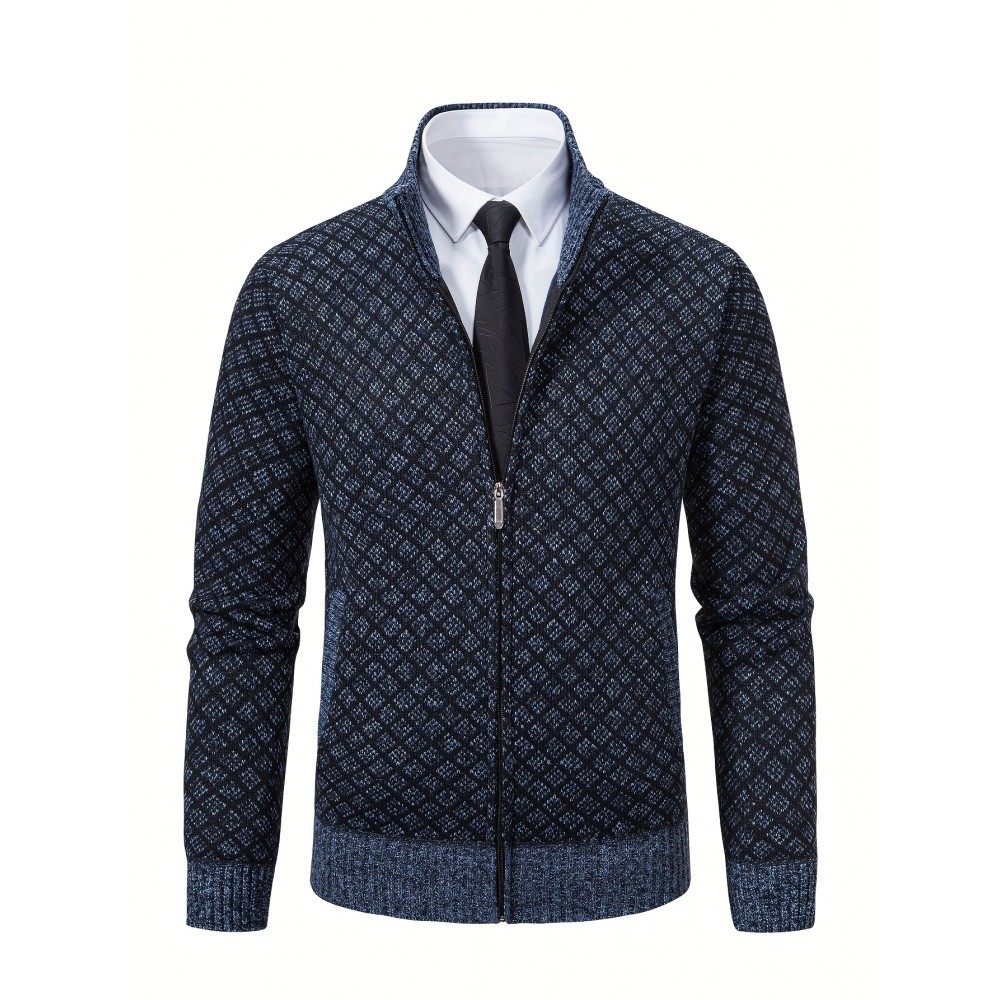Men's Slim-Fit Thick Winter Knit Jacket with Stand Collar & Plaid Pattern - Warm Coat for Cold Weather, Casual Outerwear for Office or Everyday Use, Layering Piece under Suit Coats (Novelty Category)