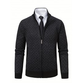 Men's Slim-Fit Thick Winter Knit Jacket with Stand Collar & Plaid Pattern - Warm Coat for Cold Weather, Casual Outerwear for Office or Everyday Use, Layering Piece under Suit Coats (Novelty Category)