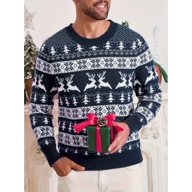 Men's Christmas Knit Sweater - Loose Fit Round Neck Pullover, Traditional Holiday Party Attire, Winter Wedding & Xmas Party Outfit, Cozy Autumn/Winter Sweaters for men, Christmas Gift (Hand Washable)