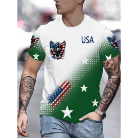 USA Flag 3D Print Casual Men's T-Shirt - 100% Polyester Knit Fabric, Regular Fit, Slight Stretch, 110g/m²